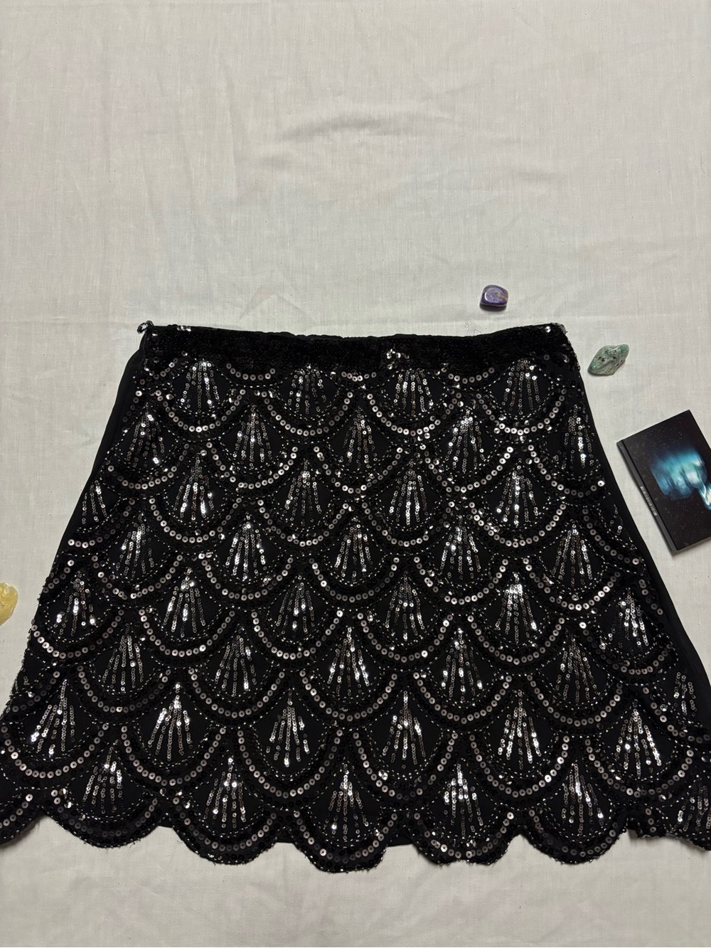 Blue Rain Black Sequin Scalloped Mini Skirt